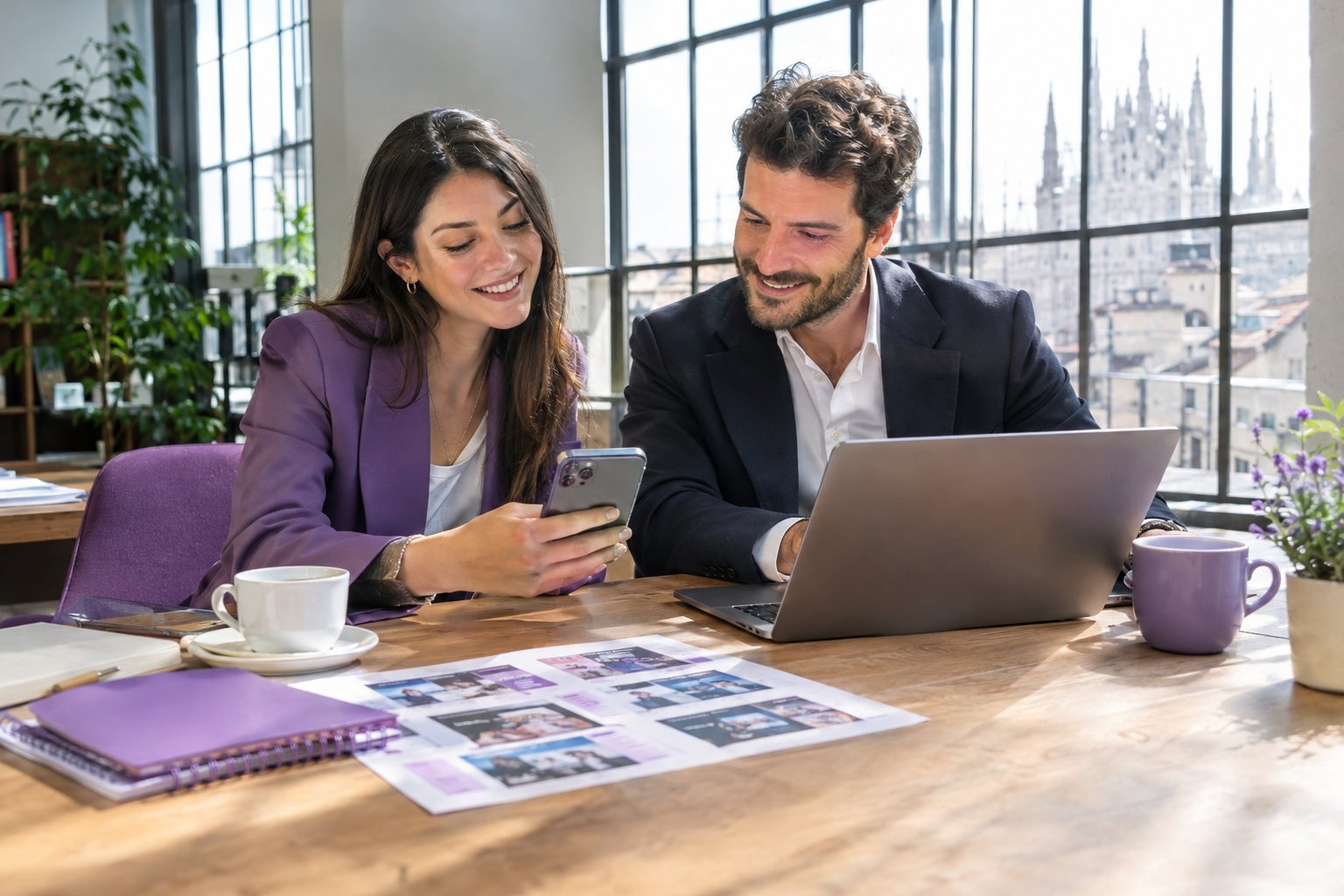 Due professionisti pianificano i contenuti social aziendali su smartphone e laptop